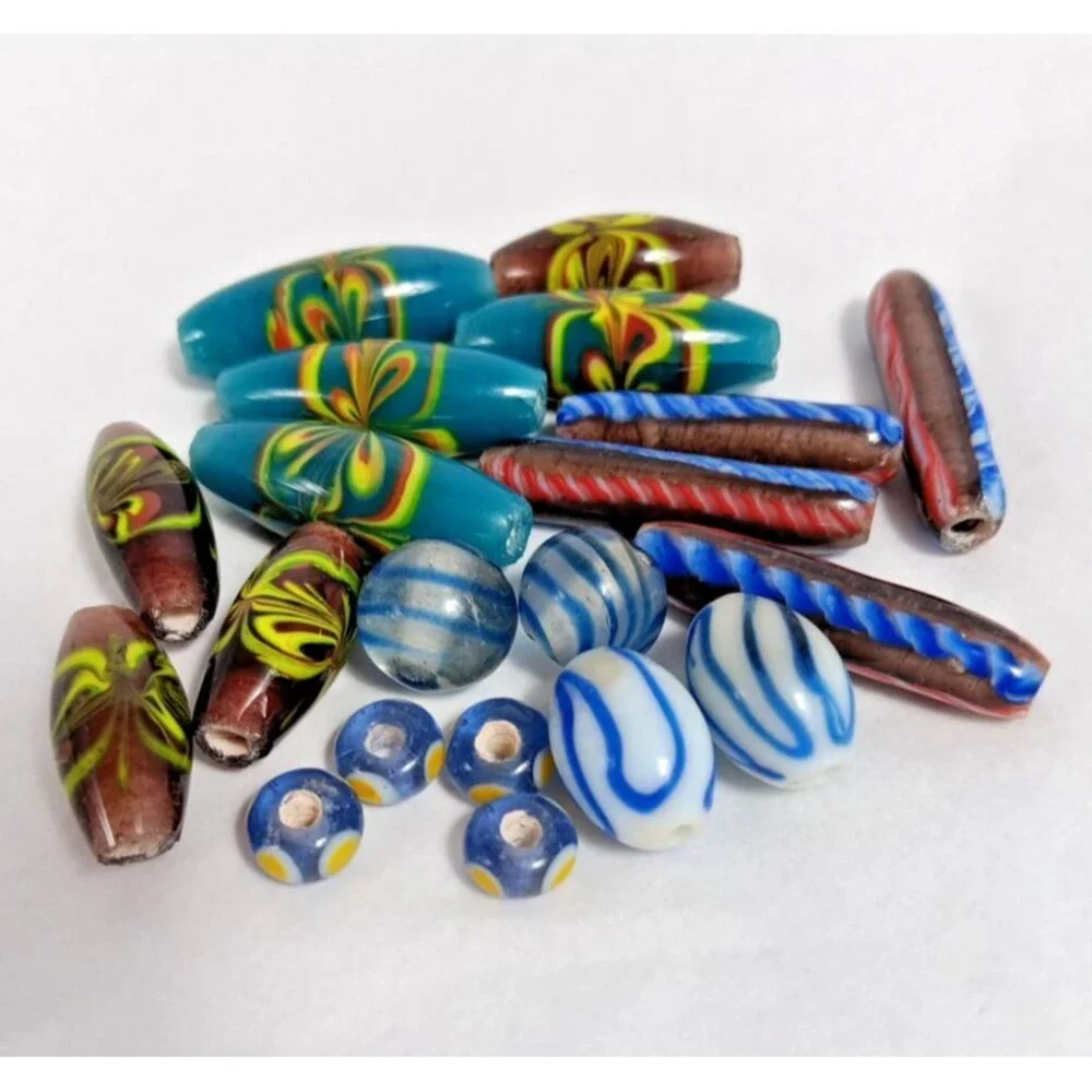 20 Glass Lampwork Beads Lot Mixed Swirls Blue White Red Wide Hole Used Vintage
